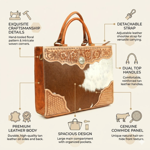 Hand Tooled Hair-On Genuine Leather Tote Bag | Western Floral Cowhide Briefcase with Strap | Stylish Designer Laptop Office Bag - Product Image 2