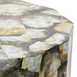 Natural Shell Mosaic Cylinder Accent <b>Stools</b> Mother of Pearl Stylish Hand Made Wooden <b>Stool</b> With Blue And Gold Grid Decor - Product Image 3