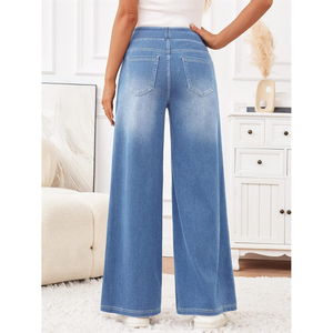 Pantalones Vaqueros de Cintura Alta, Pierna Ancha, Lavado Claro, Corte Holgado, Casuales para Mujer, con Bolsillos, Tela de Algodón, Estilo Primavera - Product Image 4