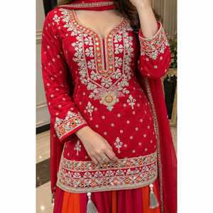 Royal Blue <b>Red</b> Indian Long Sharara <b>Suit</b> Set Women Intricate Mirror Embroidery Embellished Straight Kurta Flared Palazzo Pant - Product Image 2