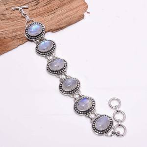 Bracelet ovale en pierre de lune arc-en-ciel, éclat bleu, style bohème, argenté, fait main, bijou en pierre précieuse, cadeau pour elle - Product Image 5