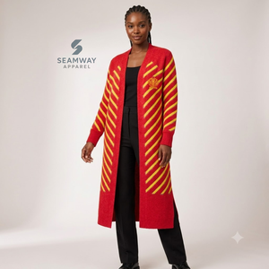 Cárdigan largo abierto para mujer NSPDK Sorority, rojo con rayas doradas, puños acanalados, suéter tipo duster bordado con aberturas laterales - Product Image 6