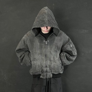 Chaqueta Bomber con Capucha de Lona Lavada para Hombre, Estilo Oversize, Lavado Ácido, Vanguardista, Darkwear, Streetwear, Prenda Exterior - Product Image 2