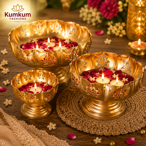 Lotus Urli Diamond Flower Brass Metal Eco-Friendly 3-Piece Handmade Modern <b>Candle</b> Holder Bowl Set Home Wedding Diwali Pooja Diya - Product Image 1