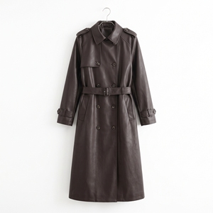 Manteau long en similicuir pour femme, style trench-coat, décontracté chic, idéal pour l'hiver, fabrication OEM/ODM, vente en gros, logo personnalisé, faible MOQ - Product Image 2