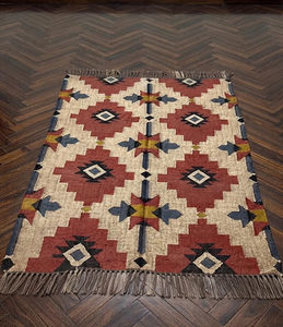 Tapis géométrique en laine et jute style sud-ouest, tapis tribal bohème kilim, décoration de sol rustique pour salon et chambre à coucher - Product Image 2