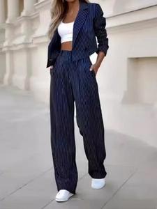 Women Striped Suit Set Long Sleeve Notched Collar Wide Leg <b>Pants</b> With Pockets Casual Autumn Wear 100% Polyester Woven Fabric - Product Image 1
