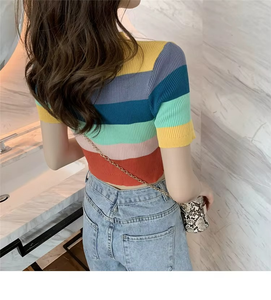 T-shirt décontracté pour femme à col rond et manches courtes, en tricot satiné, respirant et rayé, idéal pour l'hiver – Vente en gros - Product Image 2