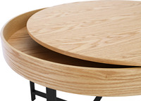 Table basse moderne en bois courbé avec plateau en placage de chêne naturel, structure en acier et compartiment caché pour salon