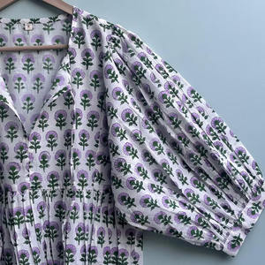 Robe formelle vintage en coton écologique, imprimée à la main, col en V, manches 3/4, ourlet à volants en dentelle, lavable, motif floral - Product Image 3