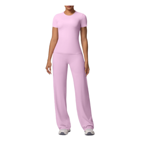 Wholesale Solid Color Breathable Lightweight Four-Way Stretch Sportswear Custom Logo <b>Short</b> Sleeves 2-Piece <b>Gym</b> Set <b>Women</b> - Product Image 4