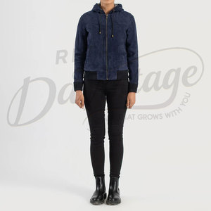 Women Navy Blue Genuine Suede <b>Leather</b> Hooded Bomber <b>Jacket</b> Slim Fit Premium Goat Suede Casual Winter Outerwear Fashion Coat - Product Image 4