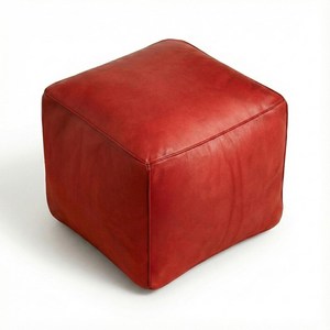 Handcrafted Red Leather Cube Pouf Ottoman Modern Floor Cushion Footstool for Living Room Bedroom Home Decor - Product Image 2