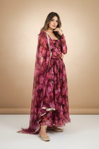 Conjunto de Kurta Premium Color Granate con Estampado Digital, Sin Parte Inferior Incluida, Tela Georgette, Largo hasta el Tobillo, Ropa India al por Mayor - Product Image 3