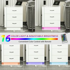 <b>White</b> Right Side 3-Drawer RGB LED Bedside Table Nightstand with Charging Station and USB <b>Ports</b> Dressers Product - Product Image 5