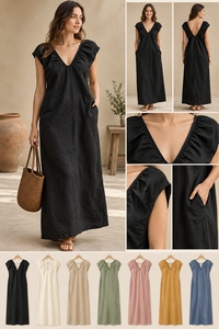 Robe longue en coton de créateur pour commande en gros - Noire, col en V, décontractée, simple, unie, respirante, manches courtes, taille naturelle - Product Image 6