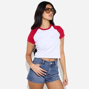 Women's White <b>Red</b> Raglan Sleeve <b>Crop</b> <b>Top</b> T-Shirt Crew Neck Short Sleeve Casual Spring Summer 100% Cotton Jersey Slim Fit - Product Image 6