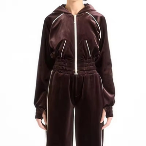 <b>Women</b> Solid Polyester <b>Velour</b> 2-Piece <b>Tracksuit</b> Set Zip-Up Hoodie and Long Jogger Pants Full-Zip Casual Wear Autumn - Product Image 3