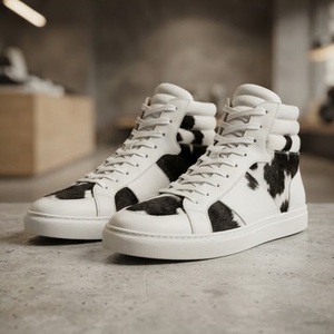 High Top Genuine <b>Leather</b> Cow Print <b>Sneakers</b> Round Toe Lace-Up Breathable Men's All Seasons Rubber Outsole EVA Midsole - Product Image 2