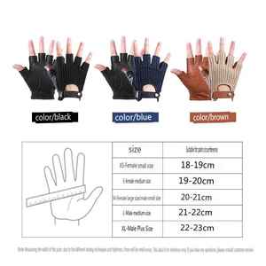 Gants de moto rétro tricotés mi-doigts, thermiques, respirants, longueur poignet, avec garniture en cuir, pour usage sportif hiver - Product Image 2