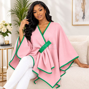 Cosh International Sorority Sisterhood Pink <b>Poncho</b> With Green Trim Batwing Sleeve V-Neck Belt Closure Casual Long Sweater - Product Image 3