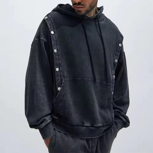 Sudadera con Capucha de Alta Calidad, Estilo Urbano, Personalizada, con Efecto Desgastado, Oversize, con Botones, Efecto Descolorido por el Sol, Diseño Boxy - Product Image 3