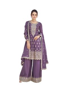 Traje de Palazzo de trabajo de secuencia de bordado de seda pura Chinon de último diseñador por Fab Zone - Product Image 1