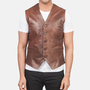 Chaleco de Cuero Genuino Marrón para Hombre, Cuello en V, Cierre de Botón, Sin Mangas, Estilo Motero - Product Image 2