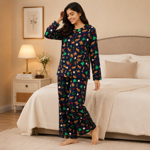 Wholesale Women's Printed Cotton Jersey Pajama <b>Set</b> Digital Printing Neck Elastic Waist Long Sleeves Soft Fabric OEM/ODM Custom - Product Image 2