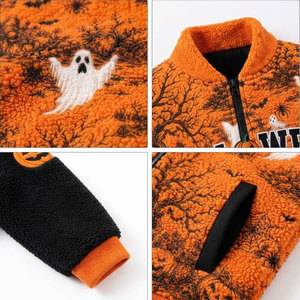 <b>Men's</b> Halloween Print Fleece Bomber <b>Jacket</b> Orange Ghost Pumpkin Design Zipper Front Casual Autumn Wear <b>Sherpa</b> Fleece <b>Jacket</b> - Product Image 6