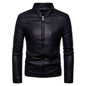 Veste en cuir PU slim fit pour homme, col montant, fermeture éclair, style motard, pour l'automne, longueur normale, couleur unie - Product Image 6
