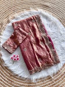 Sari en satin de soie pur et doux avec broderies étonnantes et blouse à multiples bordures brodées pour mariage et fête - Product Image 1