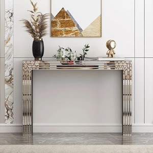 Mesa Consola Moderna de Hierro Convertible con Espejo, Borde Biselado Plateado, Escritorio para Pasillo, Mueble de Lujo para Entrada de Hotel - Product Image 2