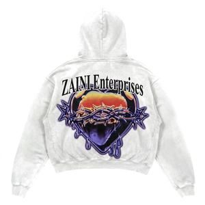 Sweat à capuche oversize pour homme en molleton de coton et polyester premium 400 GSM, blanc délavé, impression DTG, logo personnalisé en impression en relief - Product Image 2
