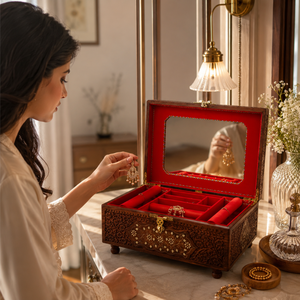 Handcrafted Wooden Jewelry <b>Box</b> with Mirror Velvet Lining | Multiple Compartments <b>Lockable</b> Storage Organizer Elegant Gift Case - Product Image 4