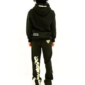 Ensemble de survêtement unisexe noir à capuche coupe-vent 2-en-1, sweat-shirt et pantalon de jogging en coton, style streetwear, taille élastique, automne - Product Image 2