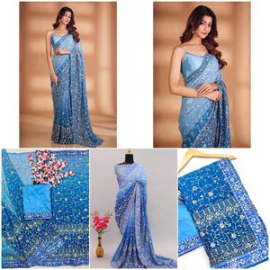 Blue Designer Heavy Fox Georgette <b>Saree</b> With Pedding Print Work For Women Indian Traditional Bridal Wedding Wear Ethnic Wear - Product Image 4