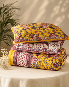 Yellow Pure Cotton Hand Block Print Traditional Indian <b>Comforter</b> Set Floral Reversible Premium Handmade 3 Pcs 300 TC Home - Product Image 1
