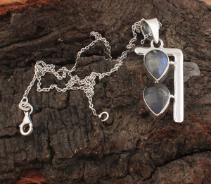 Pendentif vintage fait main en labradorite, paire, argent 925, double pierre, charmes bohèmes en pierres précieuses, unisexe, cristal ethnique, serti en bezel - Product Image 4