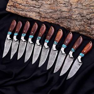 Lote de 5 cuchillos nórdicos Skinner de acero de Damasco, hoja fija, mango de madera, espiga completa, para camping y caza, con funda de cuero OEM - Product Image 3