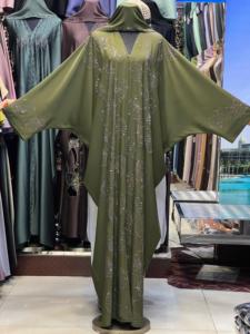 2026 New V Neck Long Sleeve Floor Length Modest Polyester Handmade <b>Flared</b> Hem Abaya Beaded Detail Women's Traditional Muslim - Product Image 1
