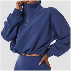 Women's Mustard Yellow <b>Cropped</b> Hoodie Full Sleeve Zipper <b>Up</b> Hooded Sweatshirt Autumn Wear Solid Color Knitted Fabric - Product Image 5