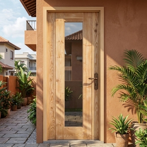 Porte intérieure en bois de pin massif avec panneau central en verre, design minimaliste, surface finie, ouverture latérale, coupe-vent, usage hôtelier - Product Image 4
