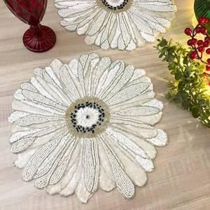 Handmade Flower Shape Fabric <b>Placemat</b> Beaded Design Glam Table Mat Decorative <b>Set</b> 450mm - Product Image 6
