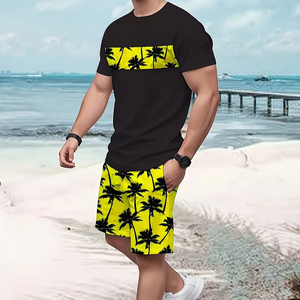 Men's Eco-Friendly Breathable Casual 100% Polyester Solid Set Short Sleeve Elastic Waist Shorts Pajamas Can Be Worn Outward - Product Image 1