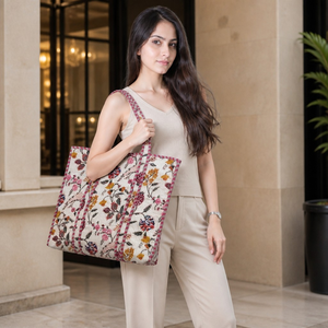 Women's <b>Large</b> Letter <b>Print</b> Quilted Cotton Tote Bag with Shoulder Handles From West Bengal by PARVAAZ EXPORTS for Daily Shopping - Product Image 2