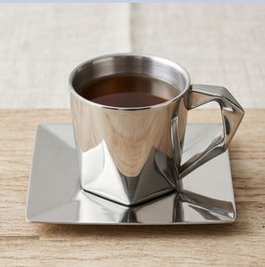 Large Selling Stainless Steel Tea Cup and Saucer <b>Set</b> <b>Square</b> Geometric Design with Handle - Product Image 1