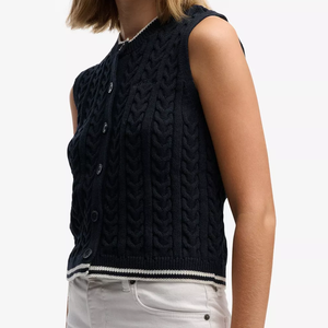 Chaleco de Punto sin Mangas para Mujer, Cuello Redondo, Punto Trenzado, Color Sólido, Botones al Frente, Estilo Preppy, Ropa de Otoño, 100% Acrílico - Product Image 5