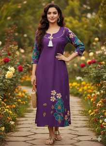 Women's Grey Floral Embroidered Kurtis With Digital Print Traditional Indian Pakistani Casual Wear Cotton Midi Length Kurtis - Product Image 5