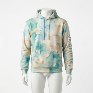 Sudadera con Capucha Azul Crema para Hombre con Estampado Abstracto de Acuarela, Bolsillo Tipo Canguro, Sudadera Personalizada de Estilo Urbano - Product Image 3